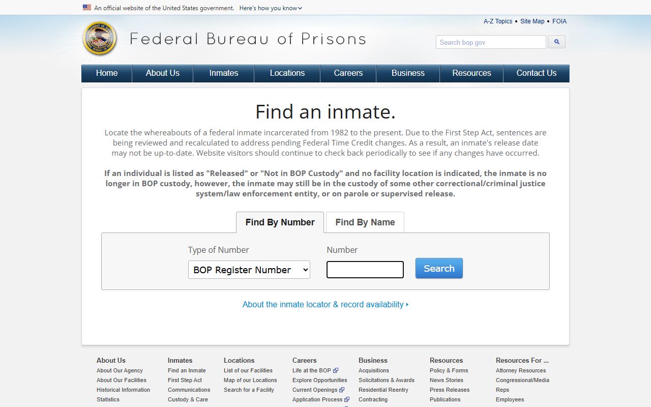 BOP Inmate Locator search page for federal custody