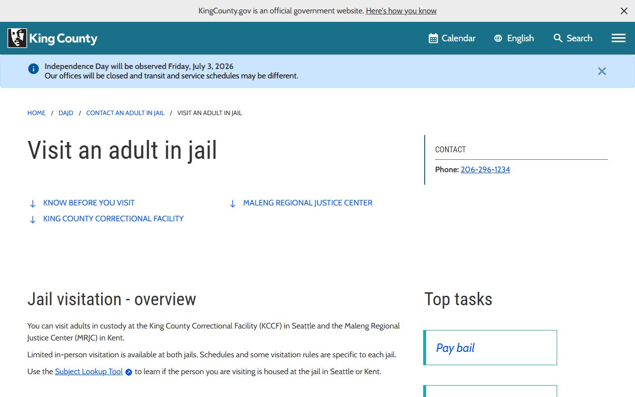 King County Correctional Facility visitation rules for adult inmates