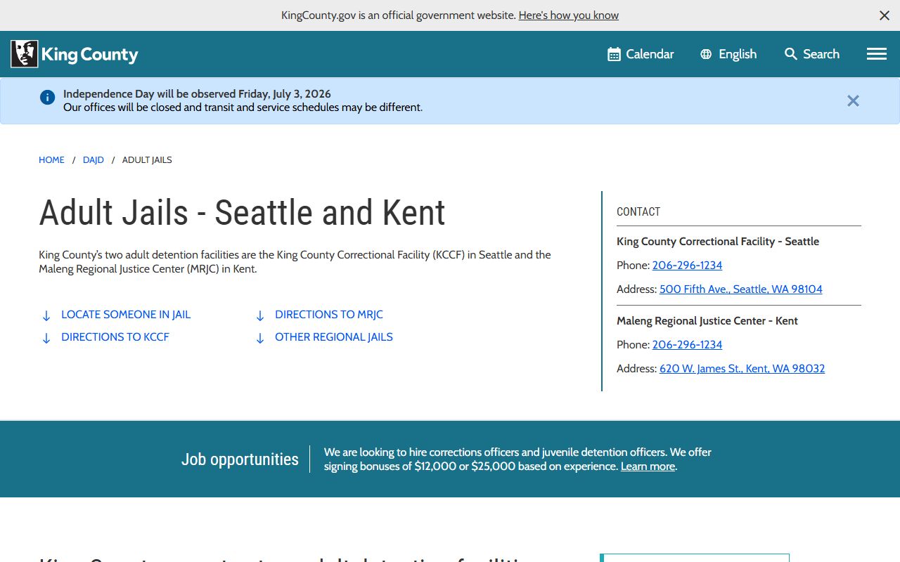 King County Correctional Facility adult jail information for inmate lookup