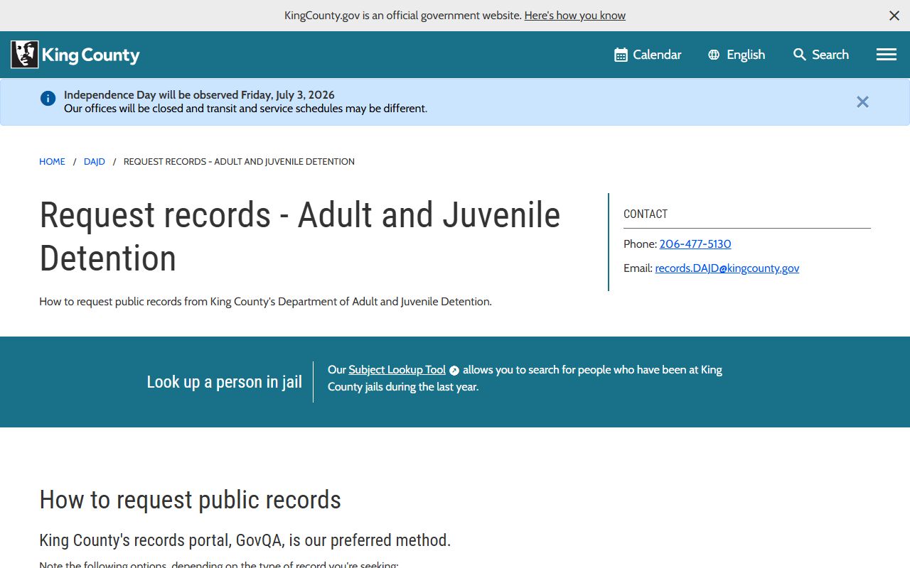King County inmate records DAJD records request page