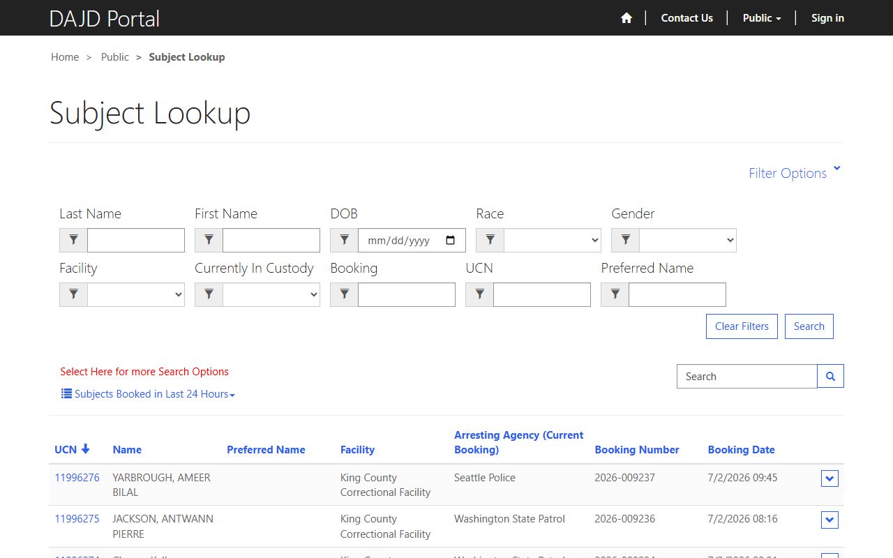 King County inmate population Subject Lookup roster search fields