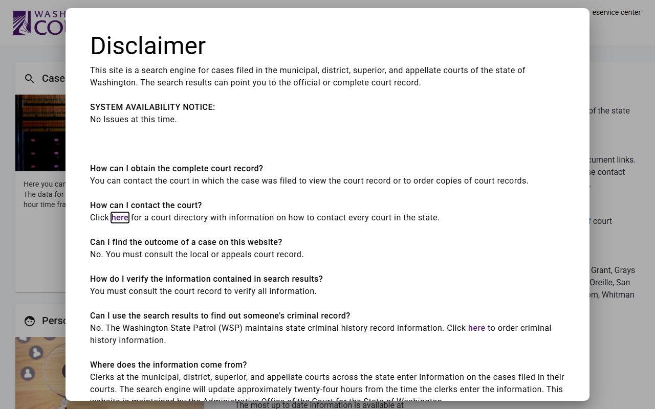 King County court records after arrest Washington Courts search portal